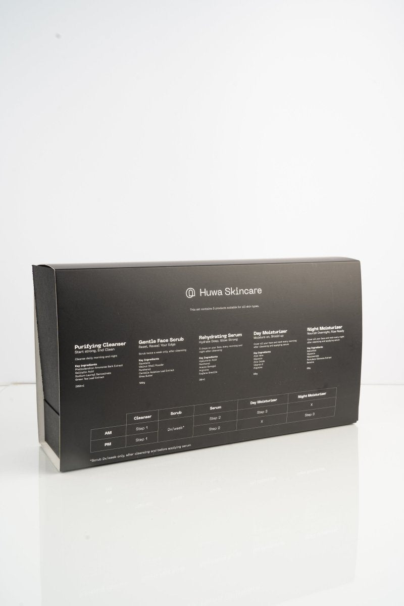 The back of the Huwa Skincare Complete Bundle set of skincare products including a scrub a cleanser and day moisturizer and night moisturizer and a serum with ingredients table of how to use and timetable with logo on a white surface and white background