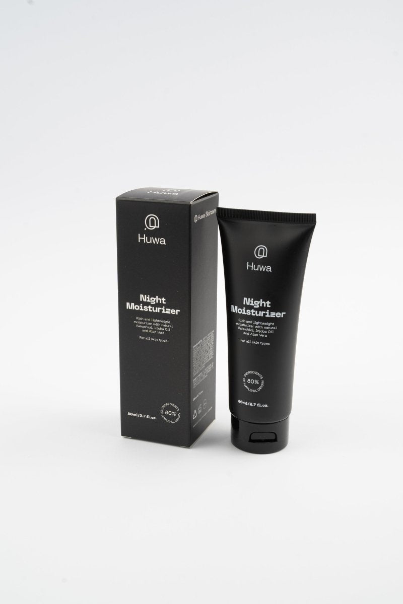 Huwa Night Moisturizer packaging on a white background Box and Tube of Huwa Skincare Night Moisturizer Side view white background