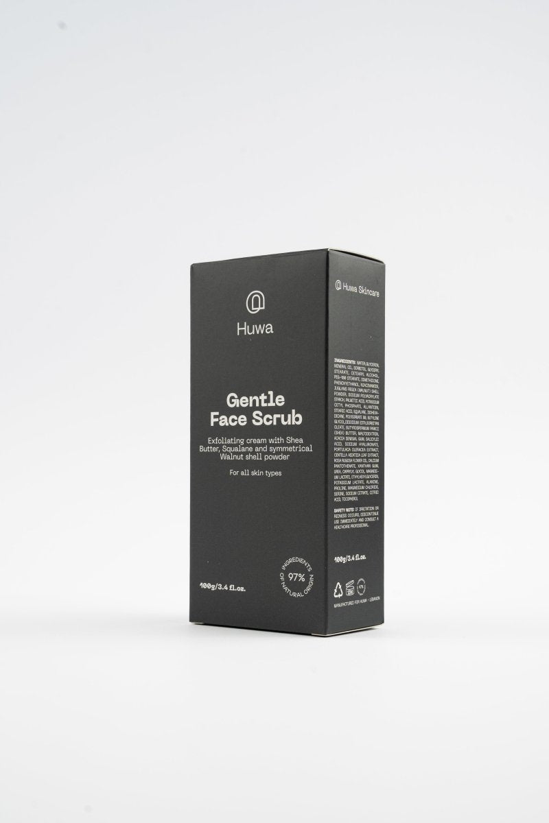 Packaging box of Huwa Skincare  Gentle Face Scrub on a white background side view with list of ingredients and recycling logo