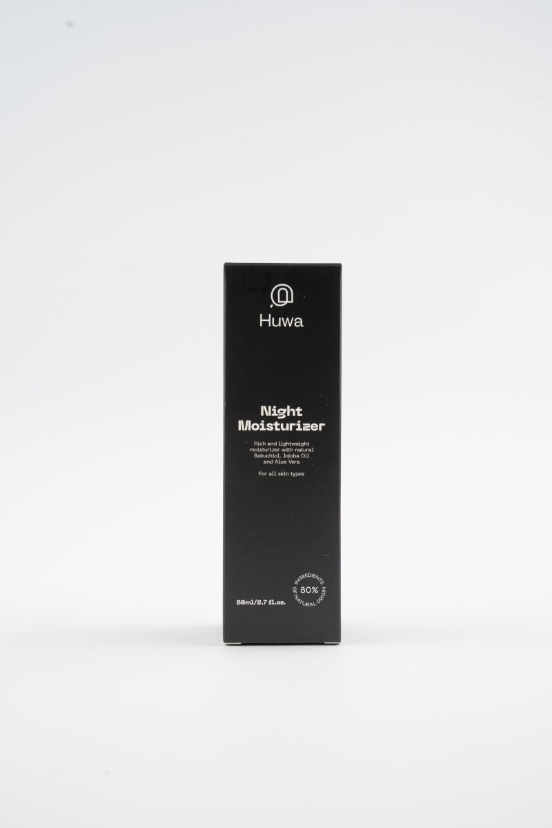 Black Huwa Skincare Night Moisturizer packaging on a white background front view and natural ingredients percentage