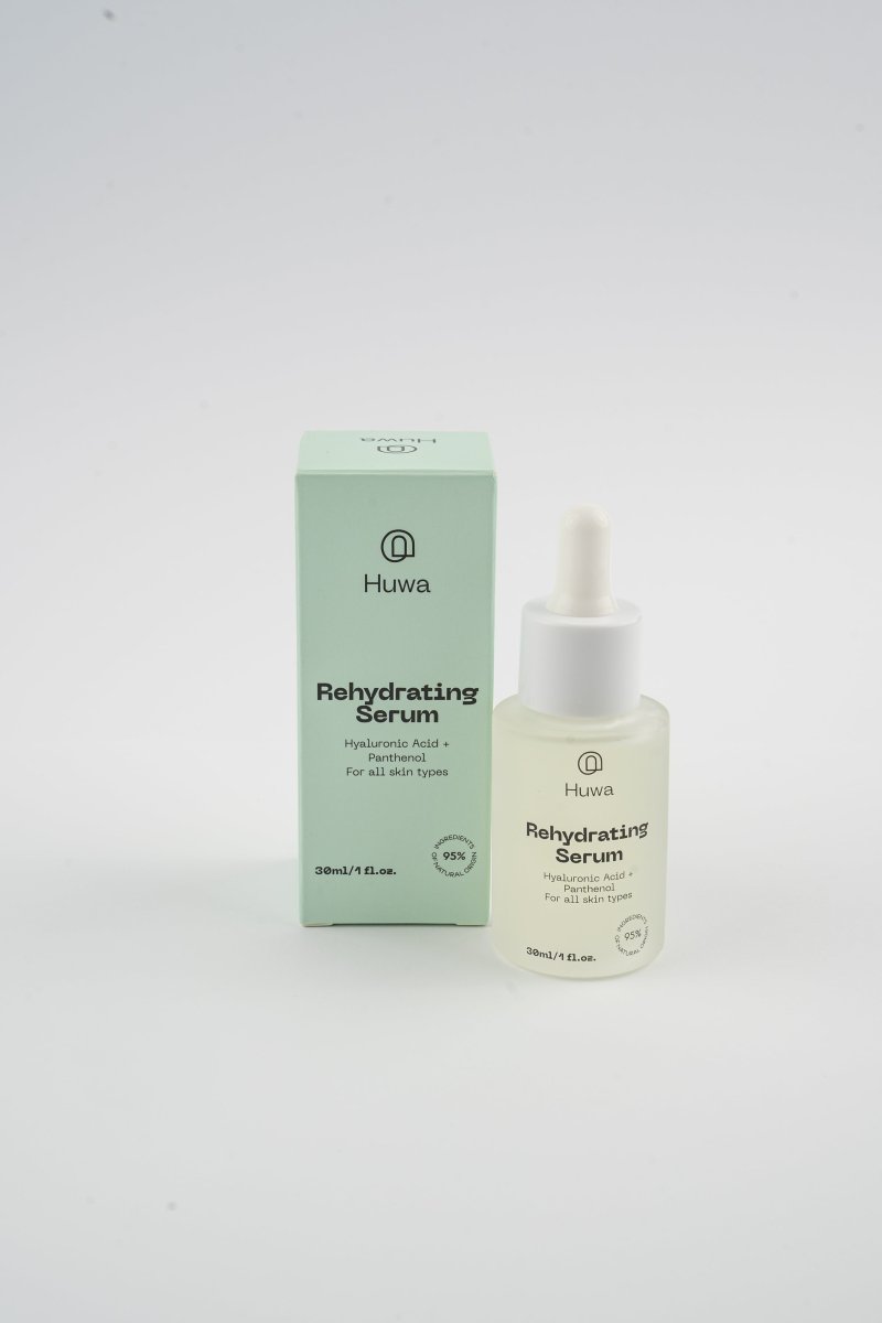 Huwa Rehydrating Serum bottle and packaging box on a white background front view
